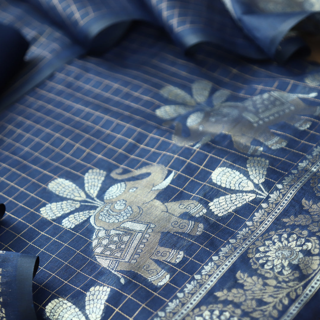 Raveri Navy Blue Gajj Style Zari Weaved Hem Chanderi Silk Set