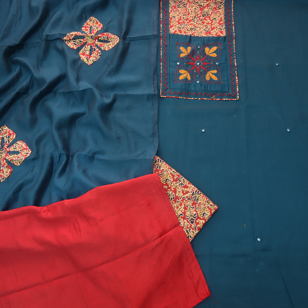 Pakkhi Navy Blue Thread Work with Mirron in Kalamkari Print Yoke Glazed Cotton Set