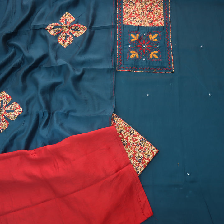 Pakkhi Navy Blue Thread Work with Mirron in Kalamkari Print Yoke Glazed Cotton Set
