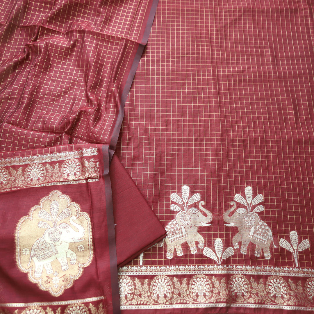 Raveri Mahogany Maroon Gajj Style Zari Weaved Hem Chanderi Silk Set