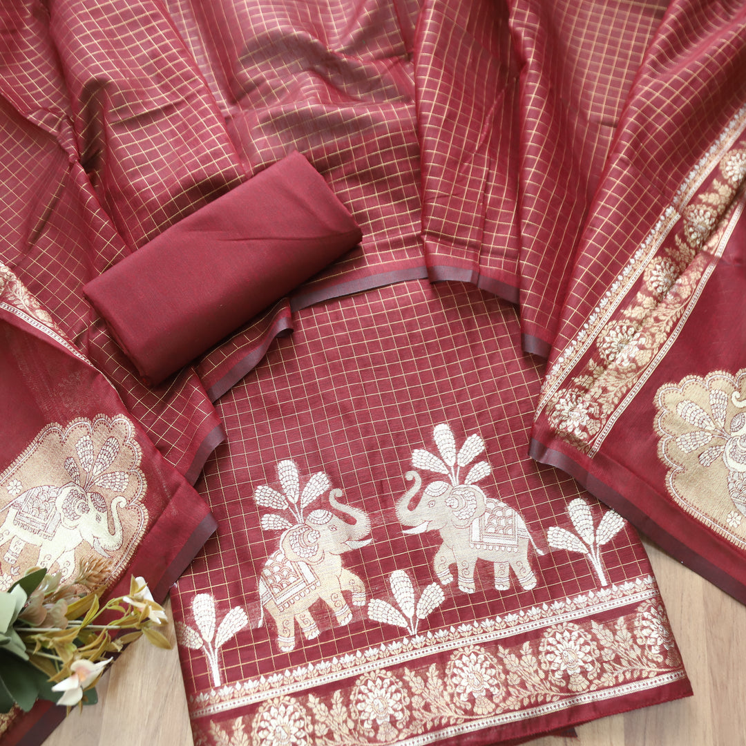 Raveri Mahogany Maroon Gajj Style Zari Weaved Hem Chanderi Silk Set