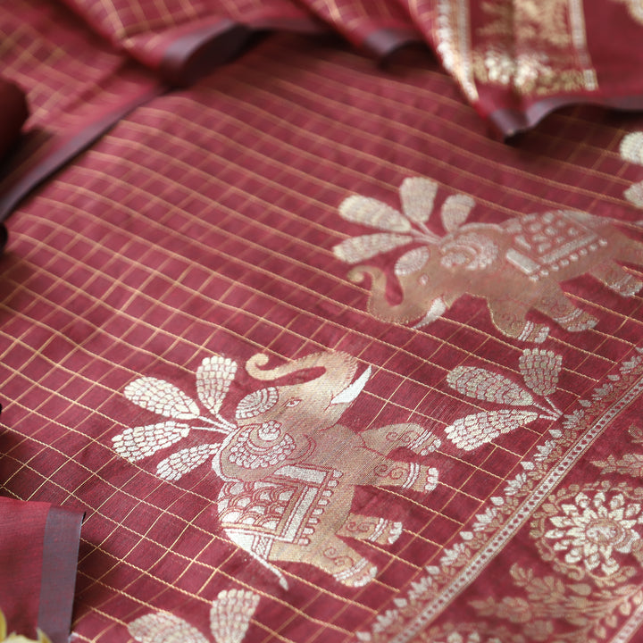 Raveri Mahogany Maroon Gajj Style Zari Weaved Hem Chanderi Silk Set