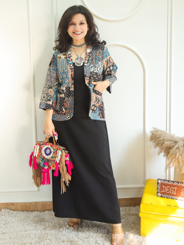 Selena Blue with Multicolor Mirror Work Ajrak Print Cotton Blazer