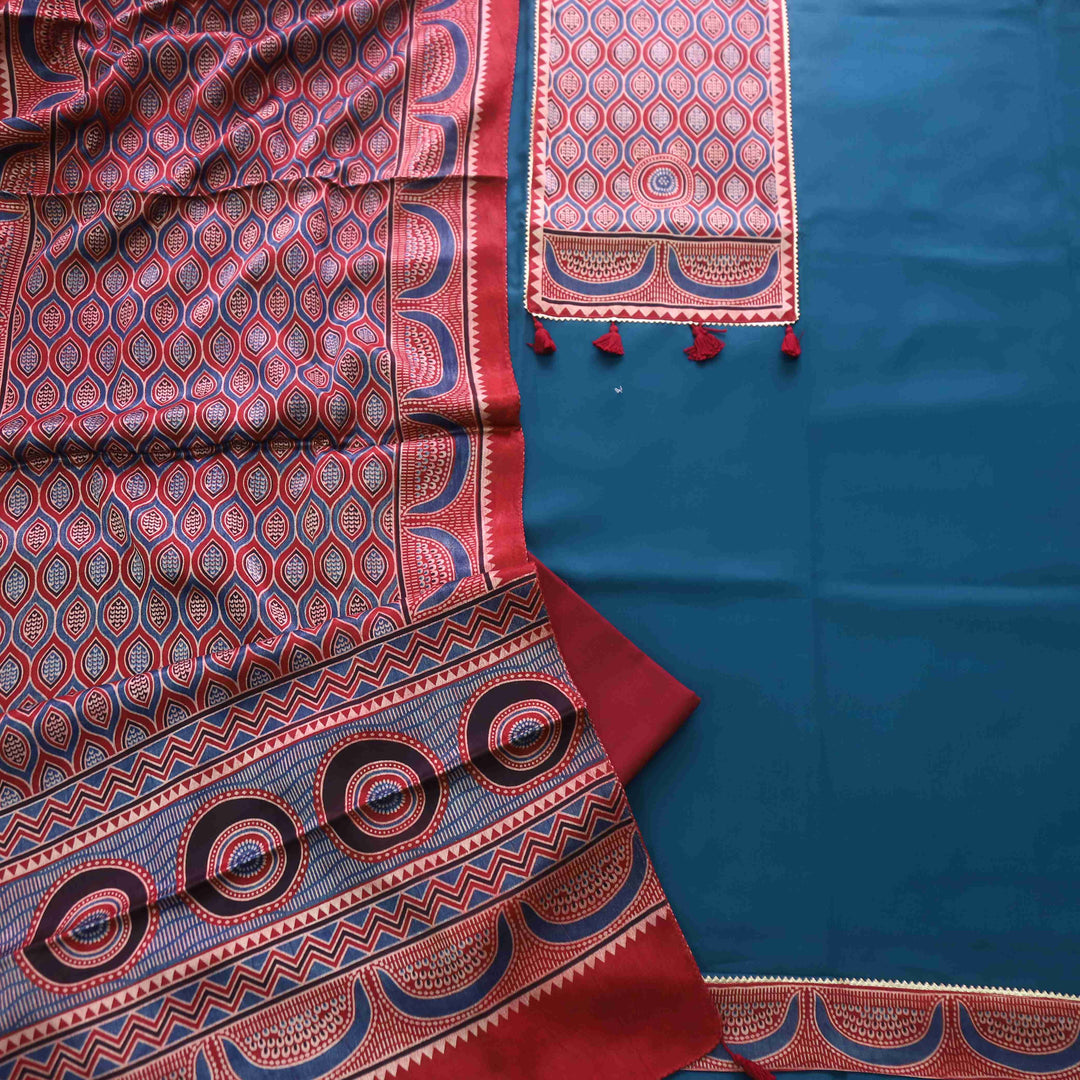 Zulfat Peacock Blue Glazed Cotton Top and Printed Mashru Dupatta-D4
