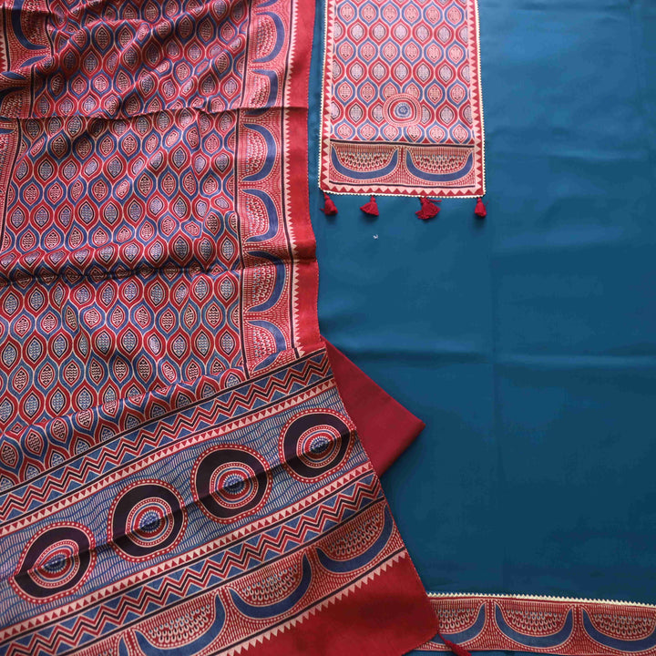 Zulfat Peacock Blue Glazed Cotton Top and Printed Mashru Dupatta-D4