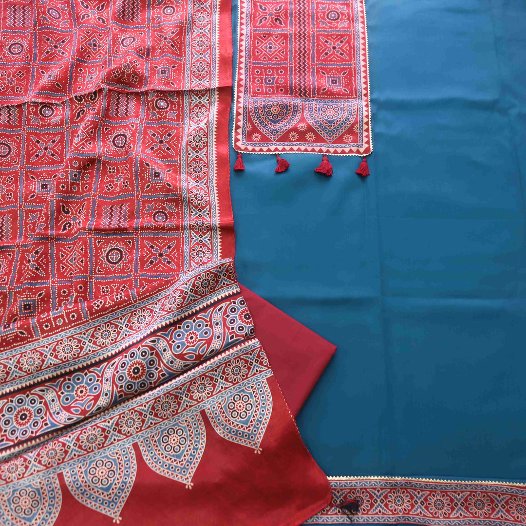 Zulfat Peacock Blue Glazed Cotton Top and Printed Mashru Dupatta-D3