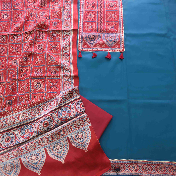 Zulfat Peacock Blue Glazed Cotton Top and Printed Mashru Dupatta-D3