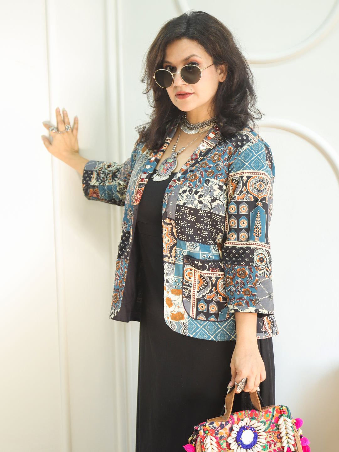 Selena Blue with Multicolor Mirror Work Ajrak Print Cotton Blazer