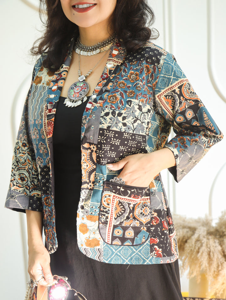 Selena Blue with Multicolor Mirror Work Ajrak Print Cotton Blazer