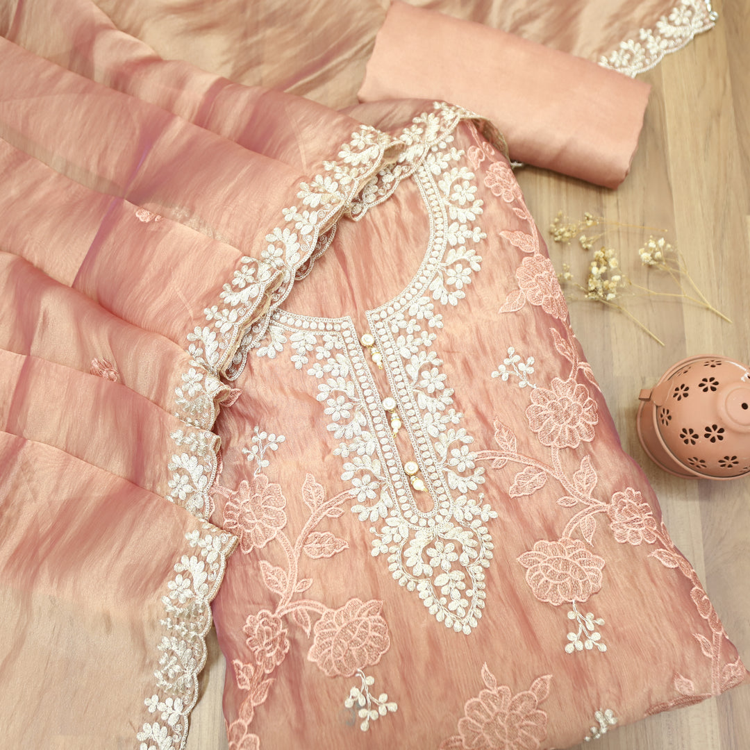 Avinya Dusty Peach Embellished Work Shimmer Organza Suit Set