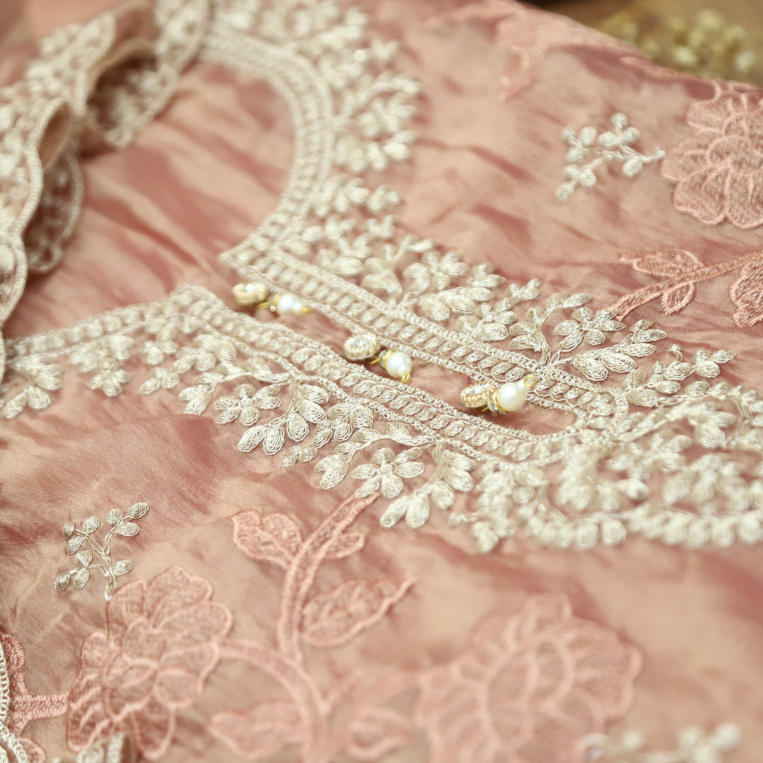 Avinya Dusty Peach Embellished Work Shimmer Organza Suit Set