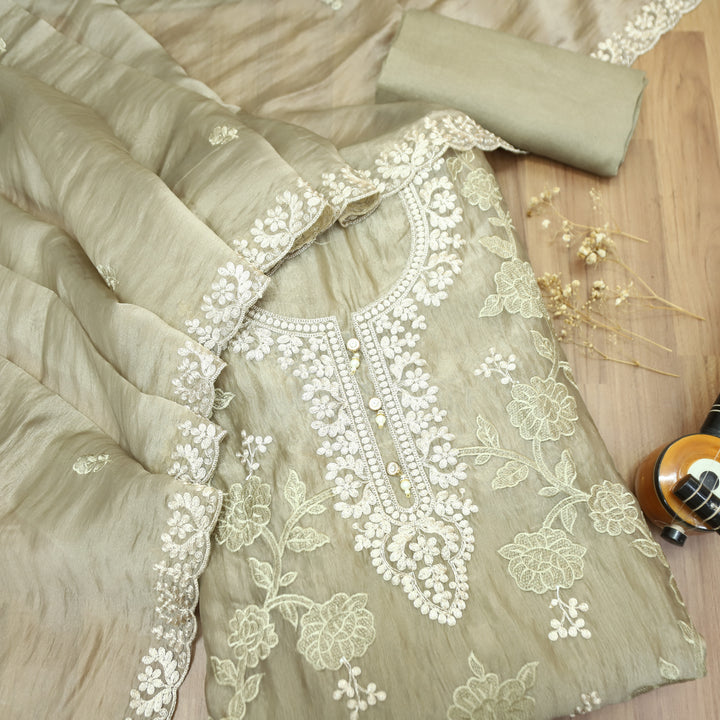 Avinya Chrome Hazel Embellished Work Shimmer Organza Suit Set