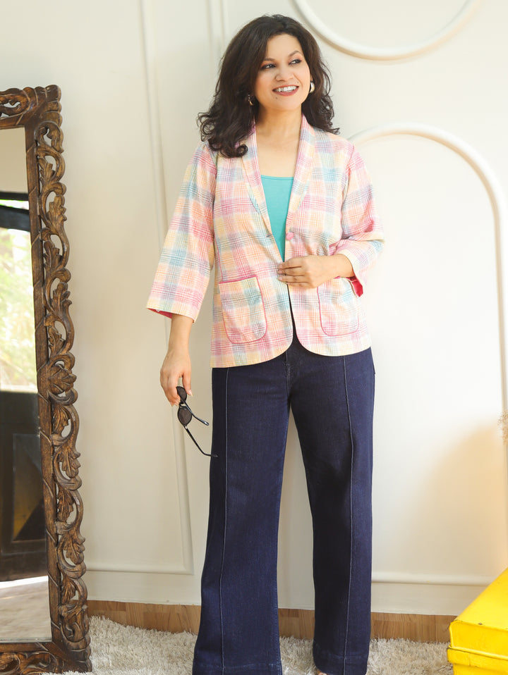 Selena Bubblegum Pink Check Print Linen Blazer