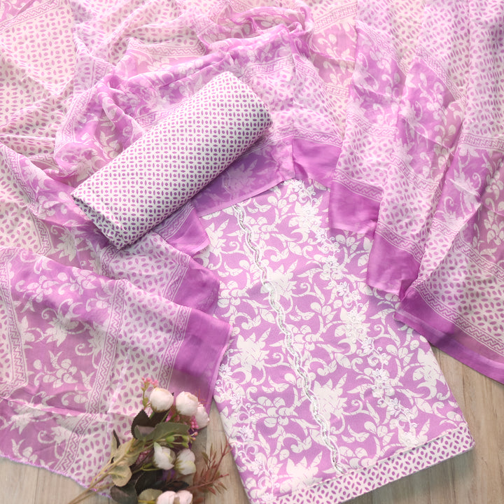 Zameer white with Lilac Floral Print and Embroidery Semi Pashmina Winter Set