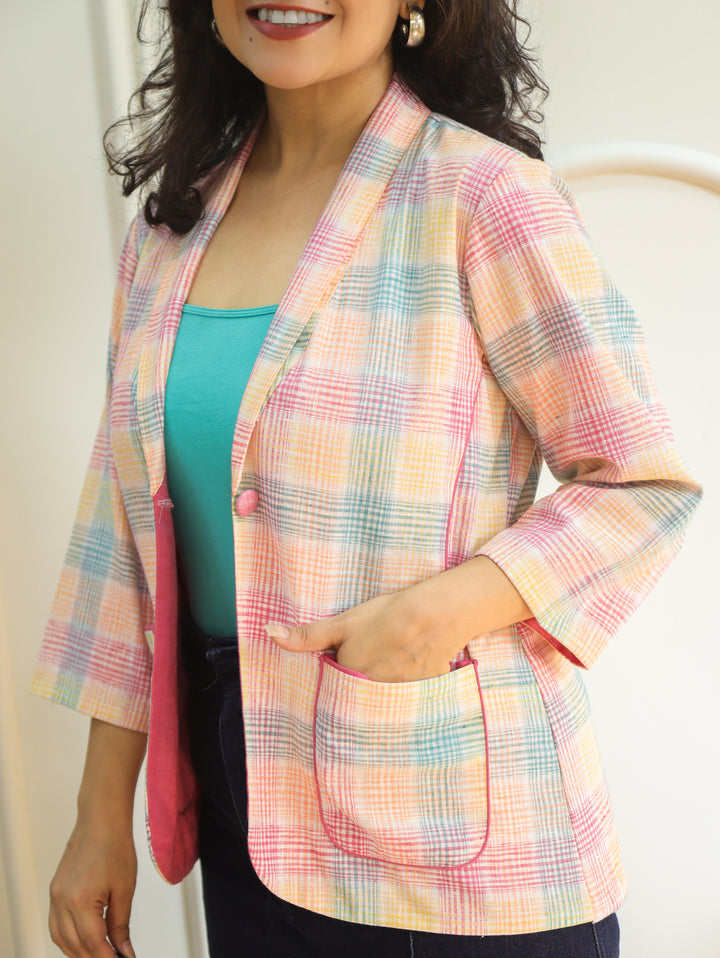 Selena Bubblegum Pink Check Print Linen Blazer