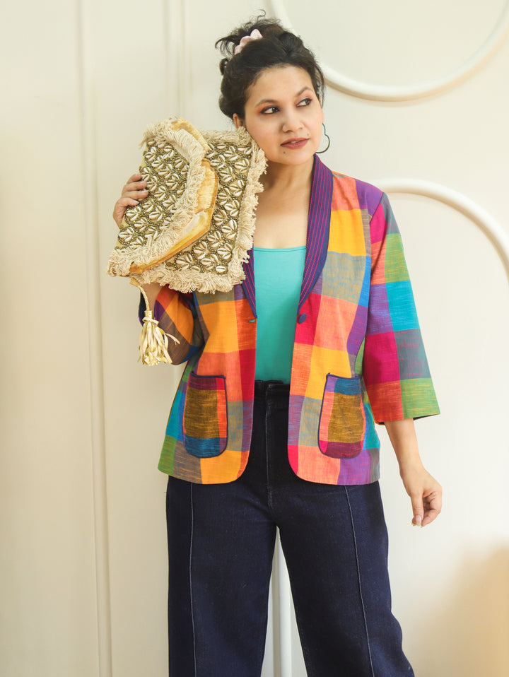 Selena Multicolor Madras Check Cotton Blazer