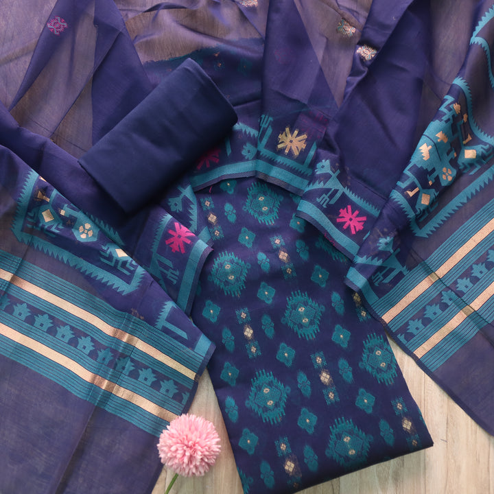 Surma Dark Blue Zari with Authentic Jamdani Weaved Suit Set