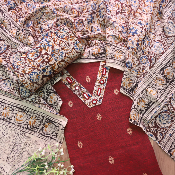Rushna Maroon Red Kalamkari V Patch Thread Weaved Cotton Set