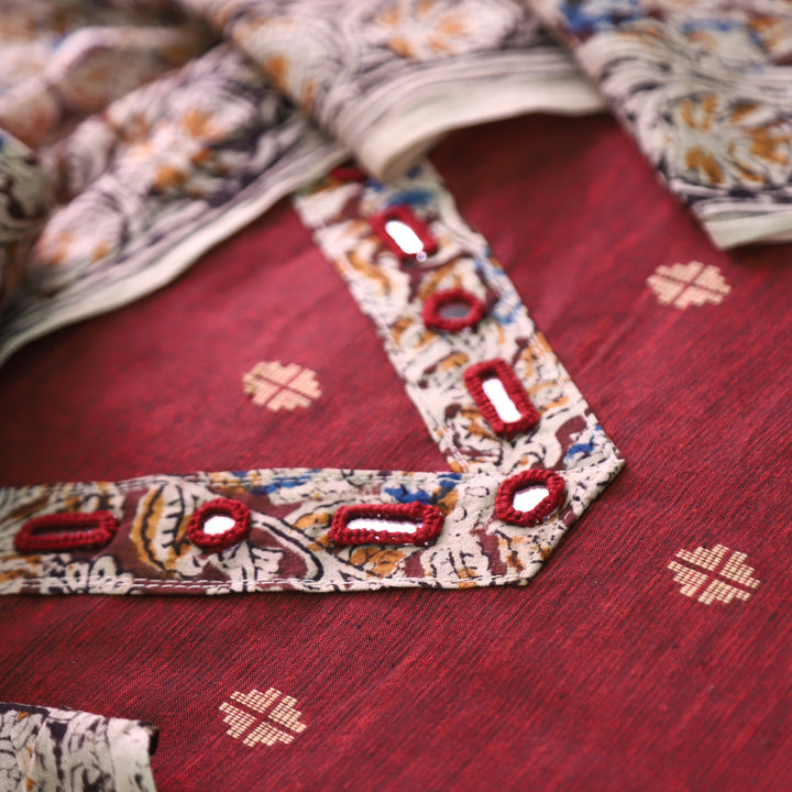 Rushna Maroon Red Kalamkari V Patch Thread Weaved Cotton Set