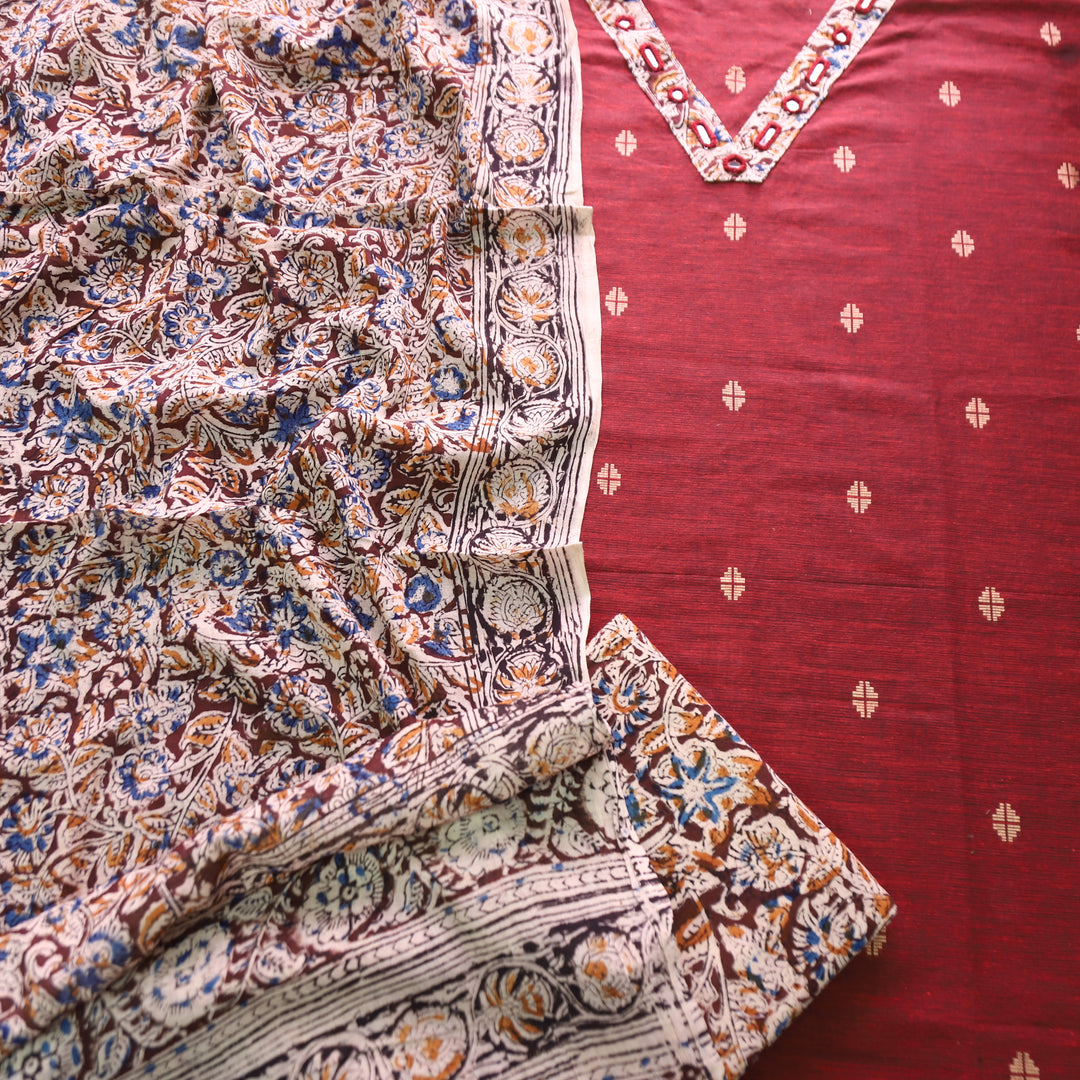 Rushna Maroon Red Kalamkari V Patch Thread Weaved Cotton Set