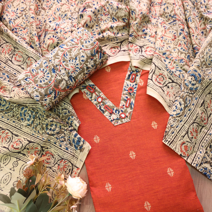 Rushna Rust Orange Kalamkari V Patch Thread Weaved Cotton Set