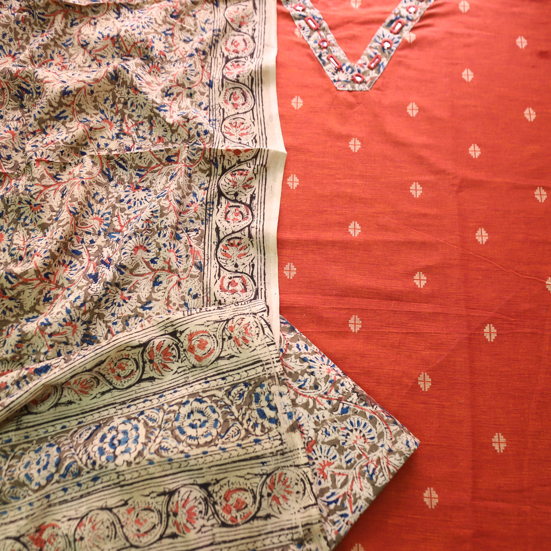 Rushna Rust Orange Kalamkari V Patch Thread Weaved Cotton Set