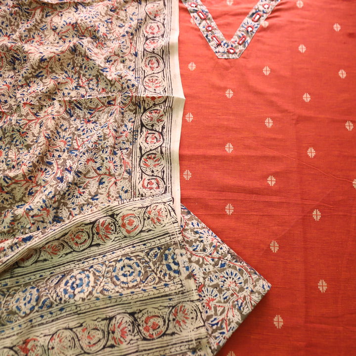 Rushna Rust Orange Kalamkari V Patch Thread Weaved Cotton Set