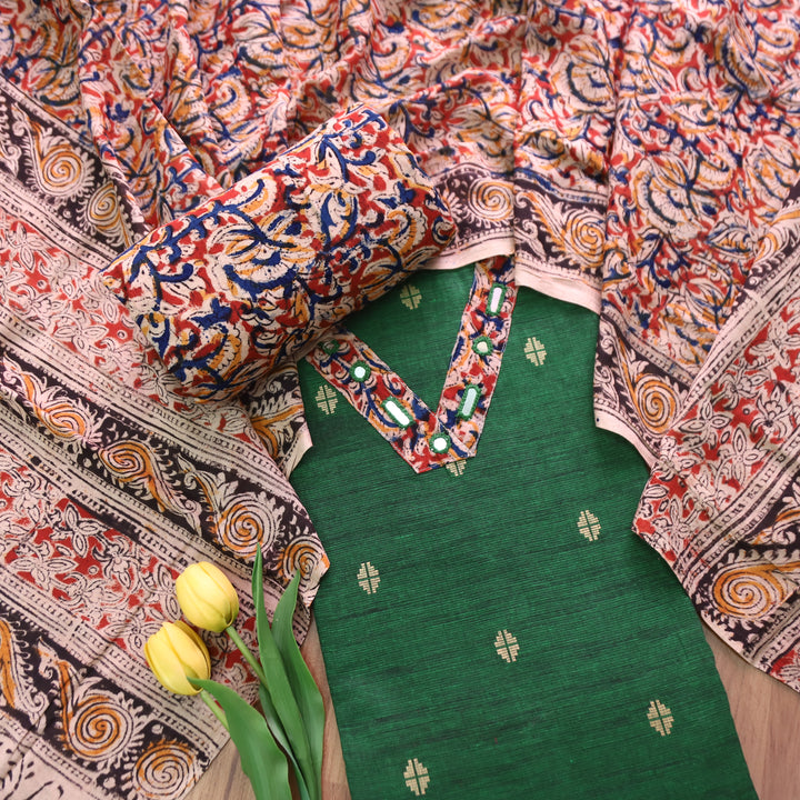Rushna Grass Green Kalamkari V Patch Thread Weaved Cotton Set