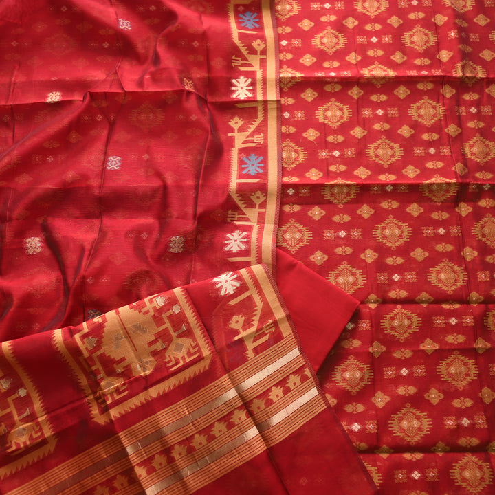 Surma Cherry Red Zari with Authentic Jamdani Weaved Suit Set