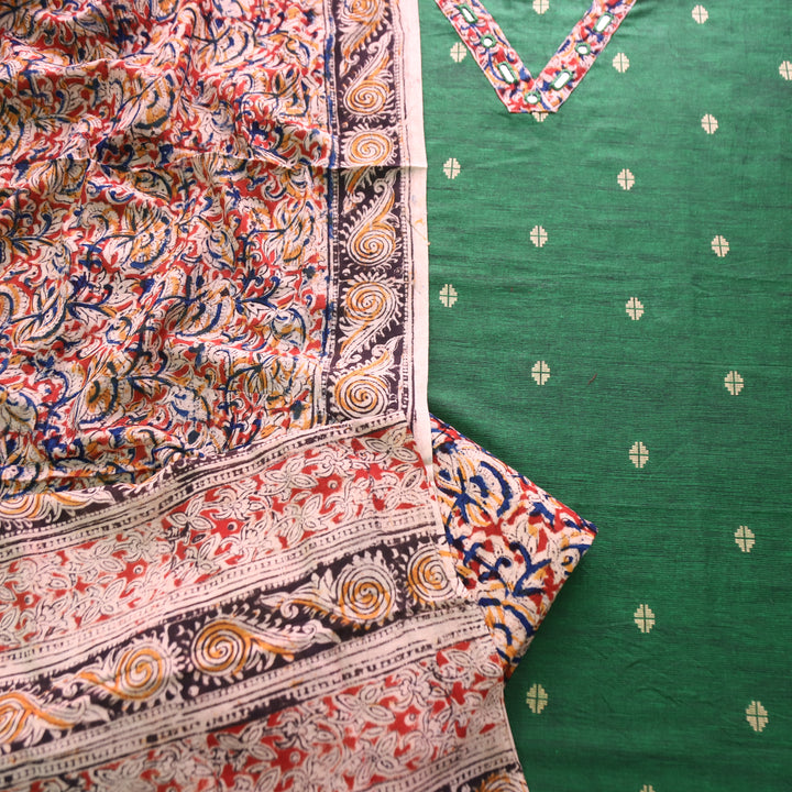 Rushna Grass Green Kalamkari V Patch Thread Weaved Cotton Set