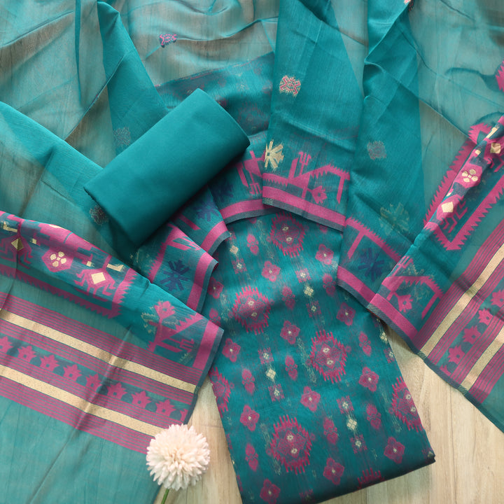 Surma Cerulean Teal Zari with Authentic Jamdani Weaved Suit Set