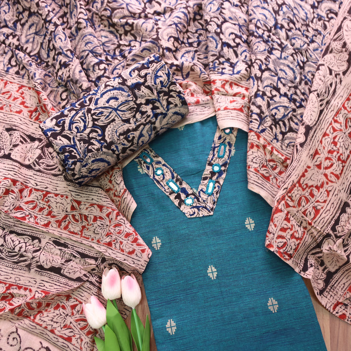 Rushna Cerulena Teal Kalamkari V Patch Thread Weaved Cotton Set