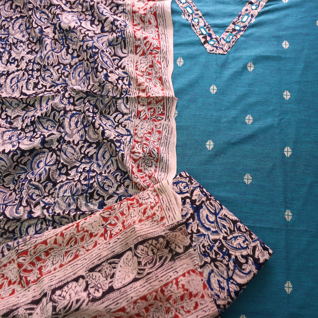Rushna Cerulena Teal Kalamkari V Patch Thread Weaved Cotton Set