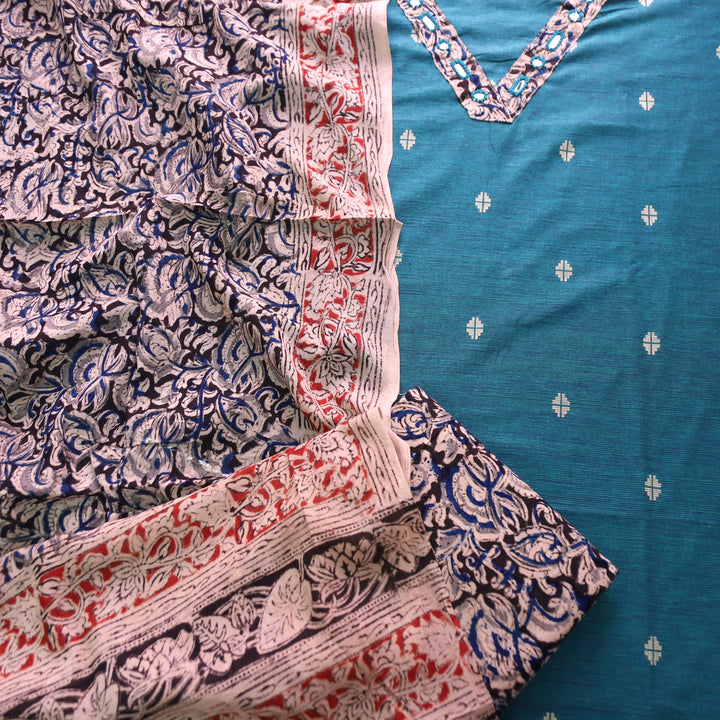 Rushna Cerulena Teal Kalamkari V Patch Thread Weaved Cotton Set