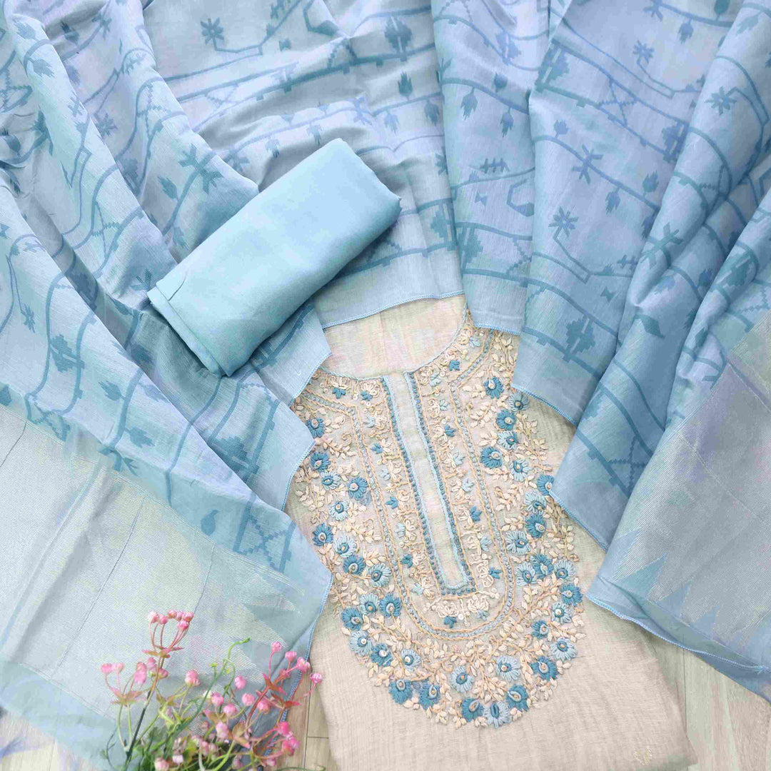Jamdani Cerulean Blue Thread Embroidery Neck Work Jamdani Suit Set