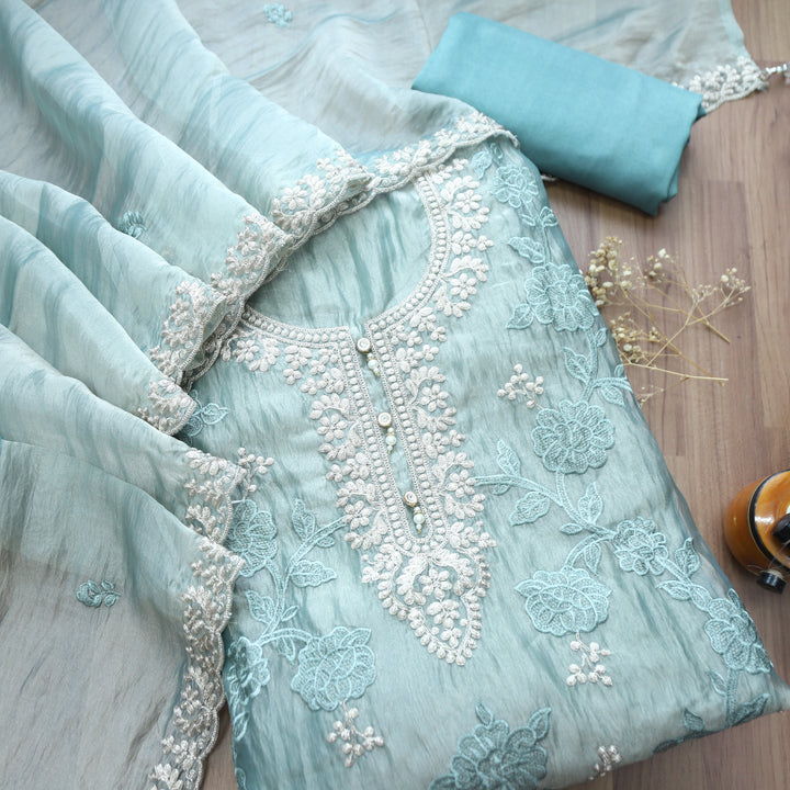 Avinya Powder Blue Embellished Work Shimmer Organza Suit Set
