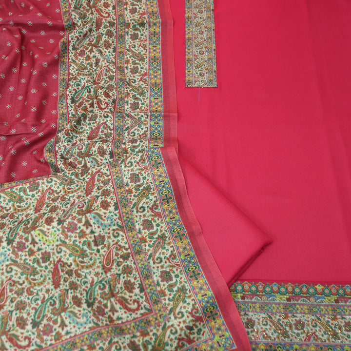 आरुषि Flamingo Pink Intricated Digital Print Hemline in Semi Pashmina Winter Set
