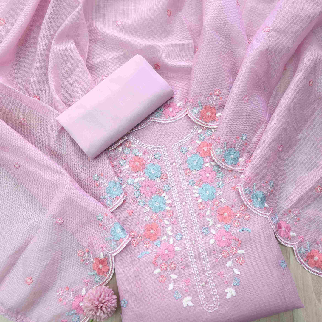 Subhangi Mauve Lilac Embroidered Neck with Pearl Work Kota Doriya suit Set