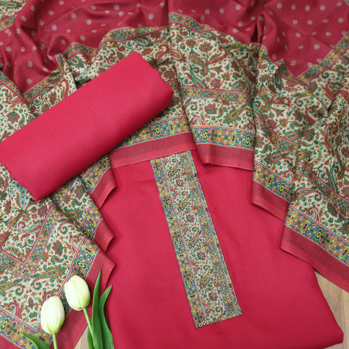 आरुषि Flamingo Pink Intricated Digital Print Hemline in Semi Pashmina Winter Set