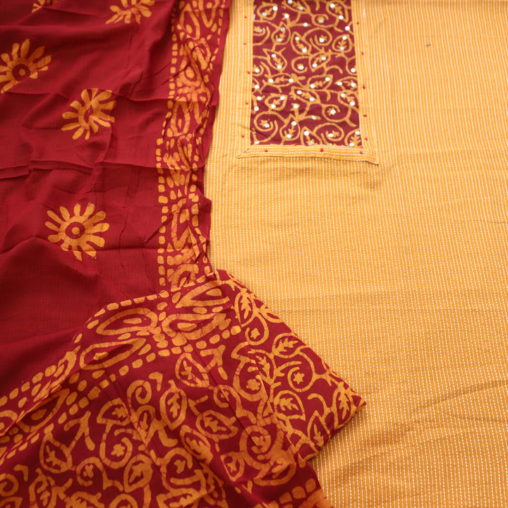 Sambhavi Tang Orange Batik Print with Patra Work Running Stitch Cotton Set D4