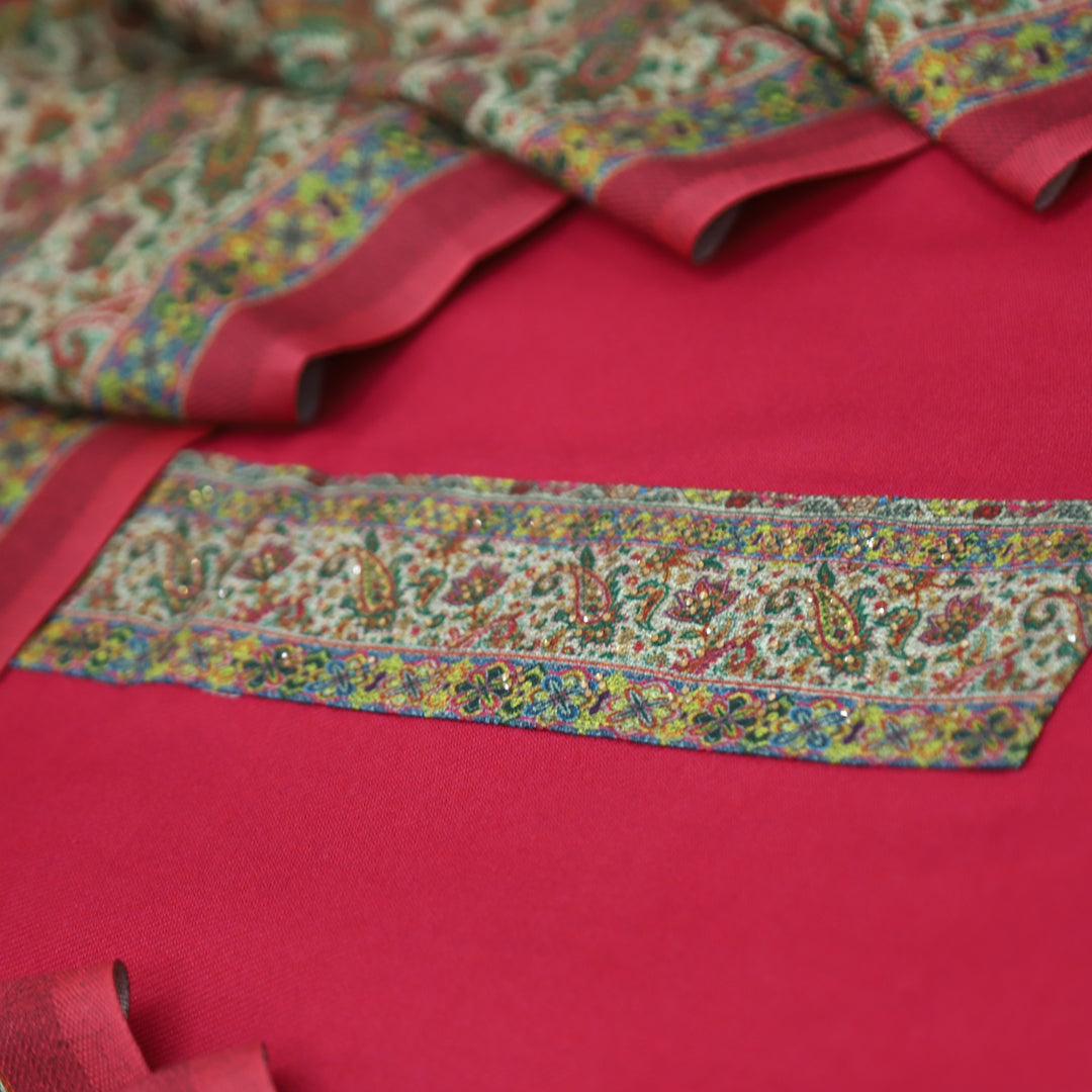 आरुषि Flamingo Pink Intricated Digital Print Hemline in Semi Pashmina Winter Set