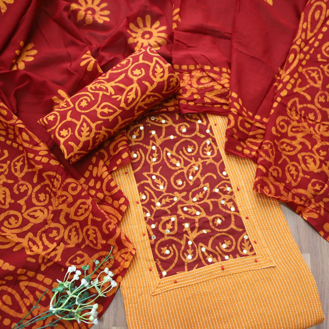 Sambhavi Tang Orange Batik Print with Patra Work Running Stitch Cotton Set D4
