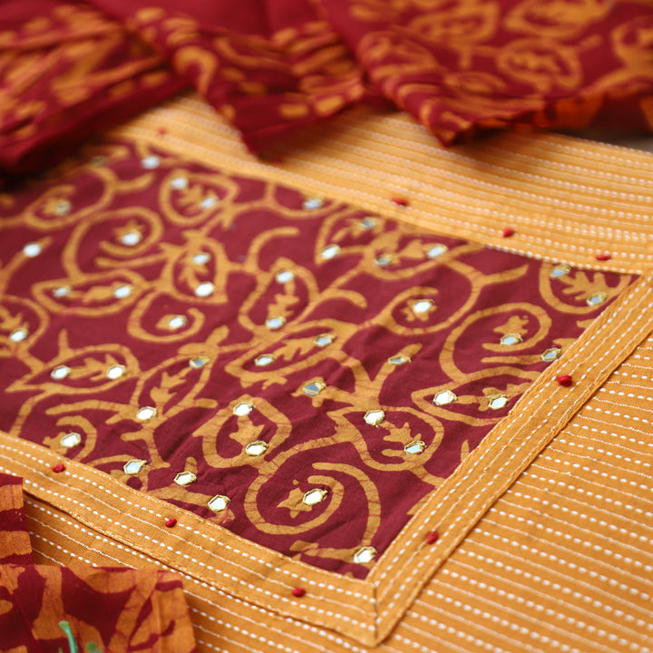 Sambhavi Tang Orange Batik Print with Patra Work Running Stitch Cotton Set D4