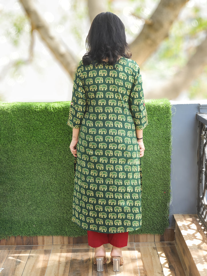 Vamika Pine Green Gajj Printed Cotton Kurti