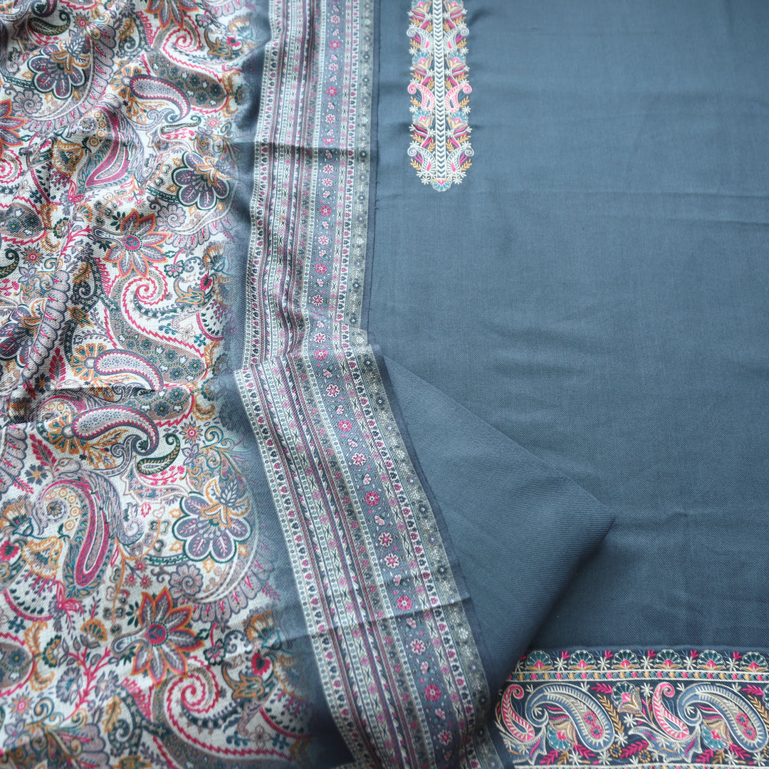 Kashmira Fossil Grey Embroidered Semi Pashmina Winter Set