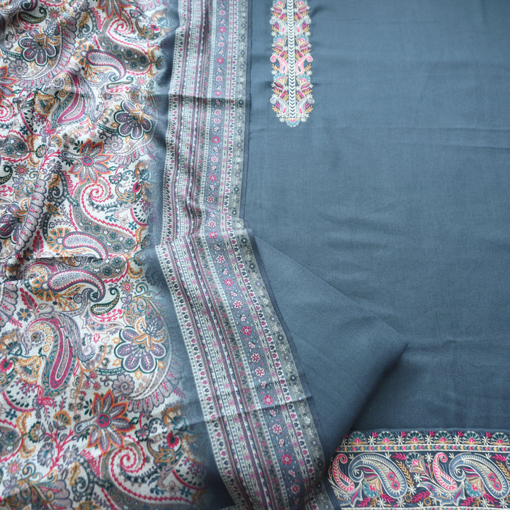 Kashmira Fossil Grey Embroidered Semi Pashmina Winter Set