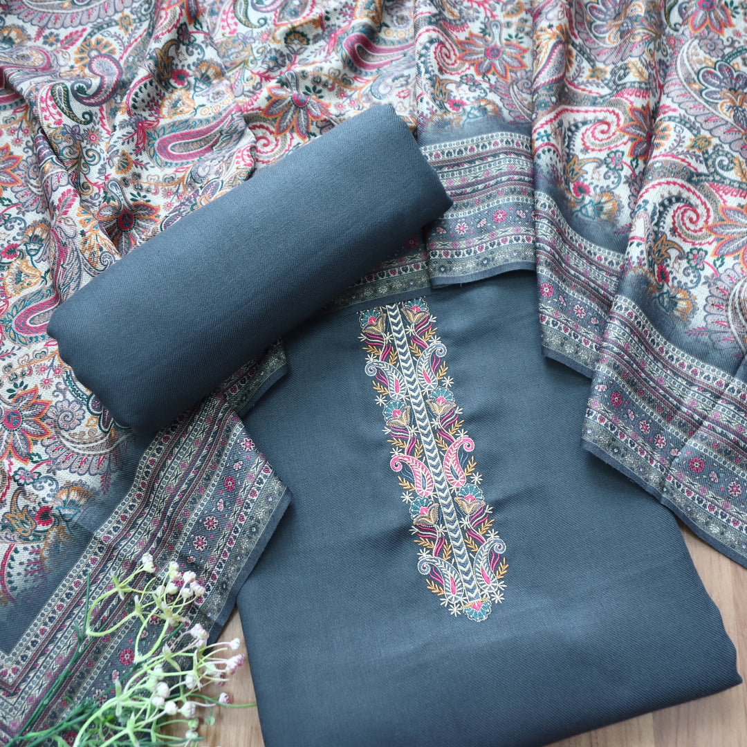 Kashmira Fossil Grey Embroidered Semi Pashmina Winter Set