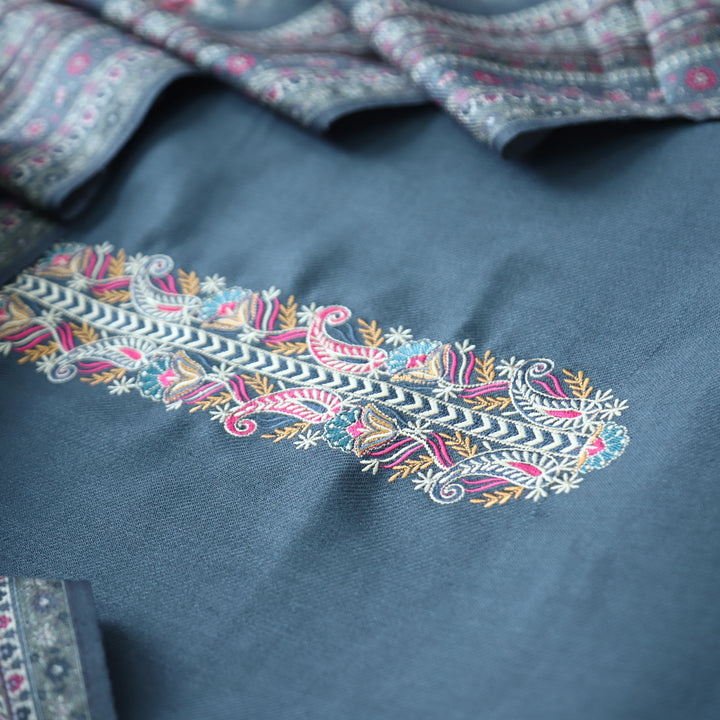 Kashmira Fossil Grey Embroidered Semi Pashmina Winter Set