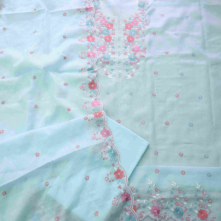 Subhangi Aqua Blue Embroidered Neck with Pearl Work Kota Doriya suit Set