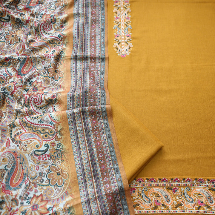 Kashmira Dijon Yellow Embroidered Semi Pashmina Winter Set